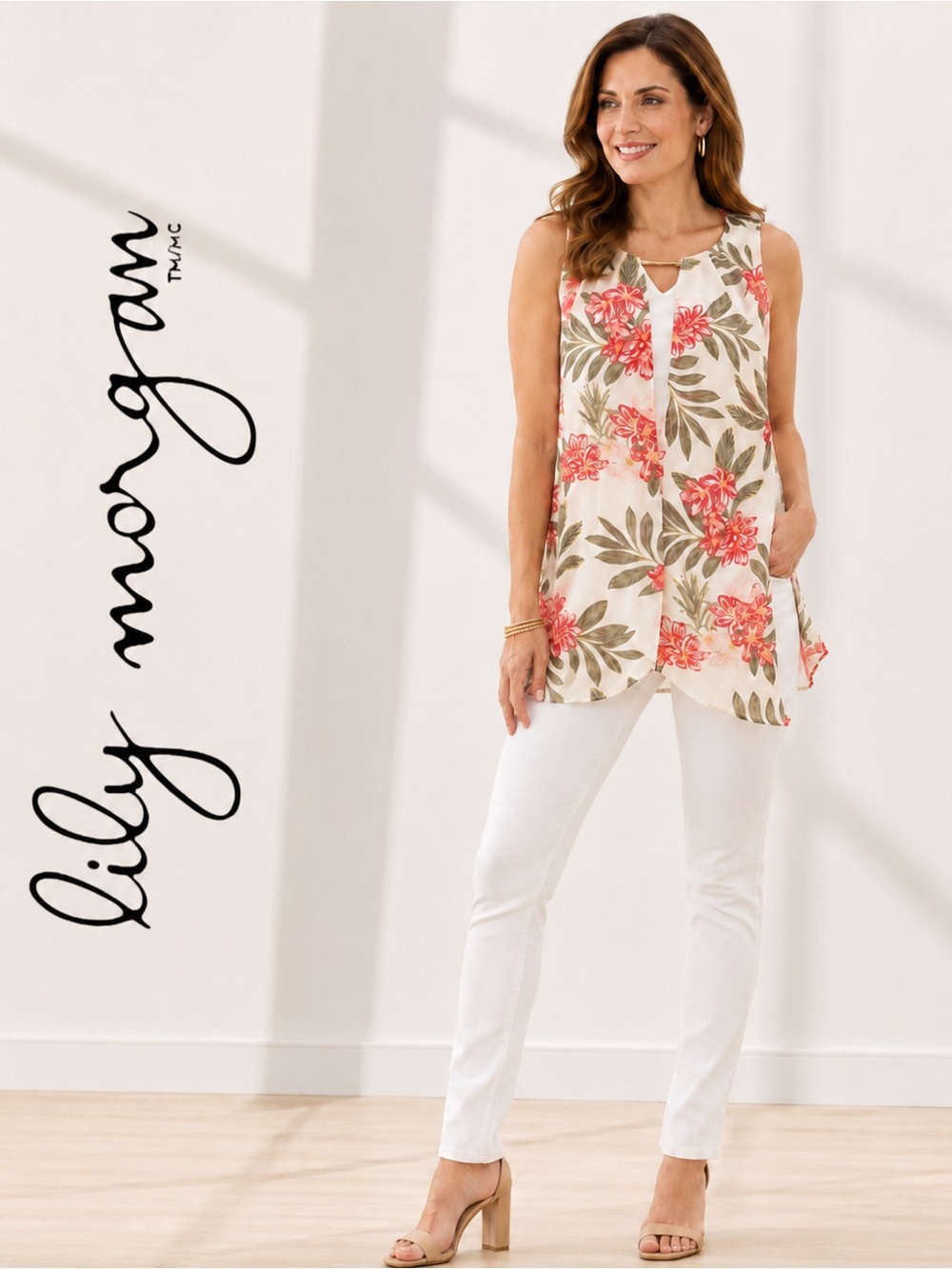 Lily Morgan White Coral Floral Layered Tunic Blouse Sleeveless |. Medium